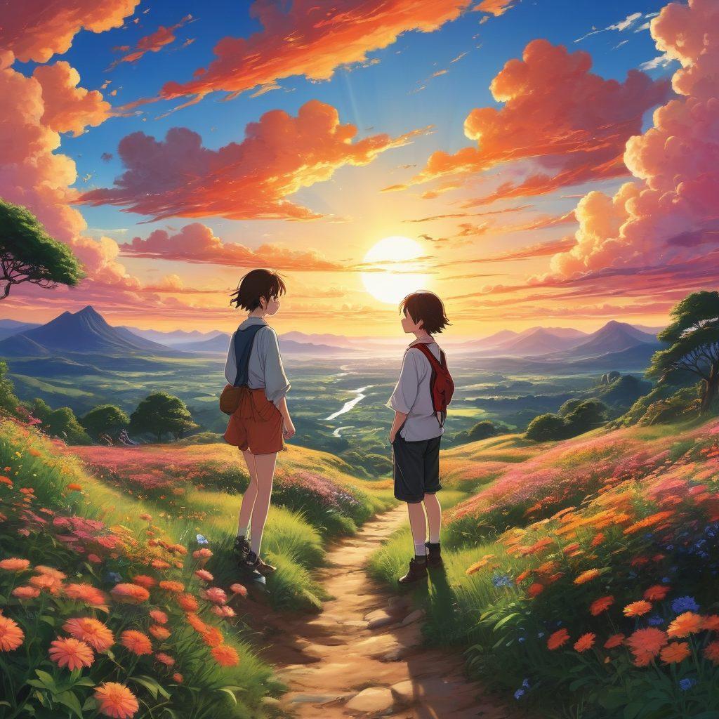 A dynamic manga scene showing lush, vibrant landscapes filled with playful, anthropomorphic characters inspired by adult anime, with hints of steamy romance and comedy. Include elements like stylized clouds, blooming flowers, and a sunset in the background to encapsulate the wildness of the genre. Capture the essence of adventure and discovery with a sense of humor in the characters' expressions. anime art style. colorful. dynamic pose.