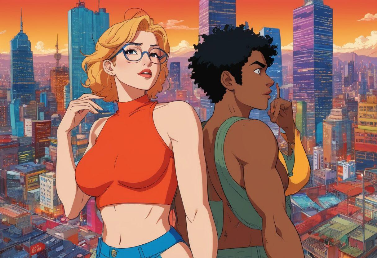 A vibrant collage of mature animated characters, blending styles from anime erotica to adult animated series. Include dynamic poses, contrasting colors, and a backdrop of iconic elements from both genres, like cityscapes and dramatic landscapes. Showcase a transition from playful allure to deeper narratives, symbolizing the diversity in adult content. Use bold lines and vivid shading to enhance the excitement of the scene. super-realistic. vibrant colors. 3D.