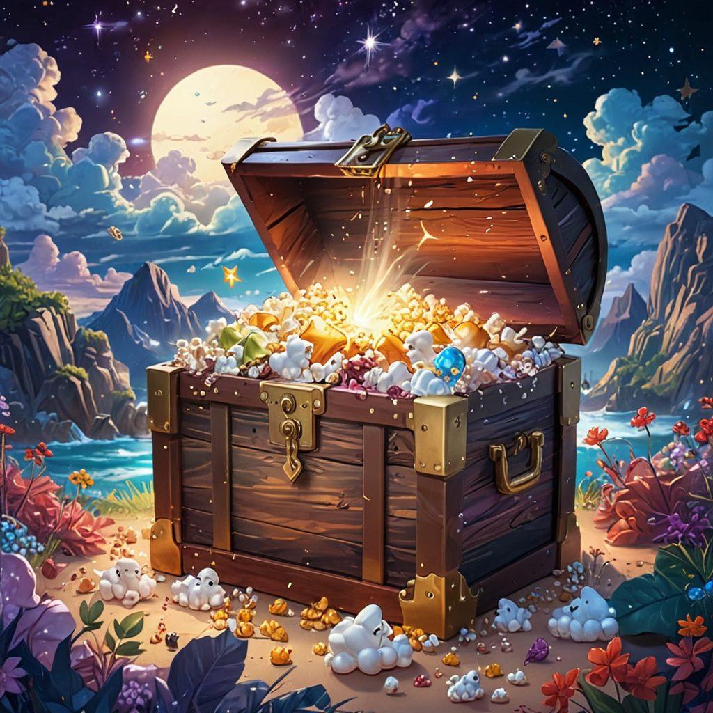 A whimsical and colorful illustration of an open treasure chest overflowing with various streaming icons and colorful hentai art styles, set against a dreamy digital landscape. Ethereal light beams shining down, symbolizing the 'unlocking' of secrets, with playful characters peeking out from the chest. Include elements like film reels and popcorn for a cinematic touch. cartoon style. vibrant colors. fantasy theme.
